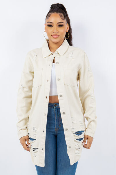 Chic Distressed Denim Jacket - Versatile Button-Up Style