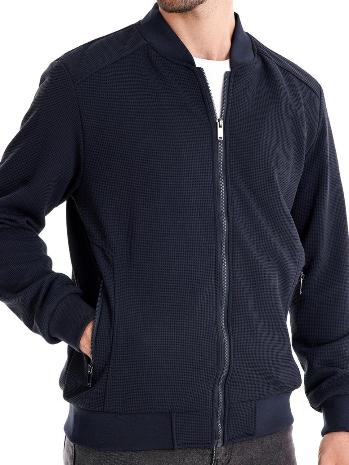 Men's Waffle Knit Baseball Collar Zip Up Jacket for Style