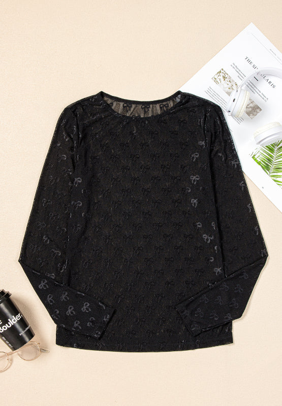Chic Bow Round Neck Top with Sheer Mesh and Long Sleeves