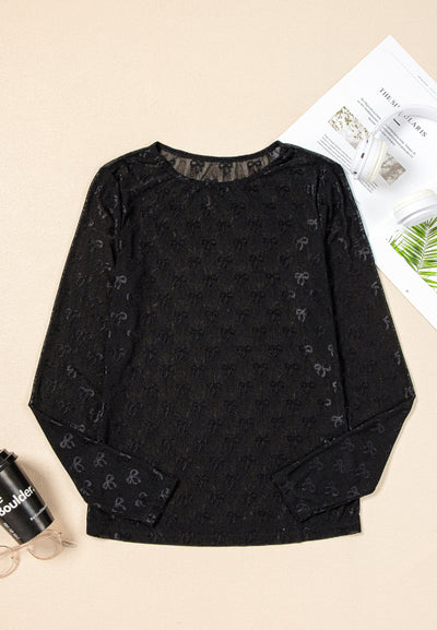 Chic Bow Round Neck Top with Sheer Mesh and Long Sleeves