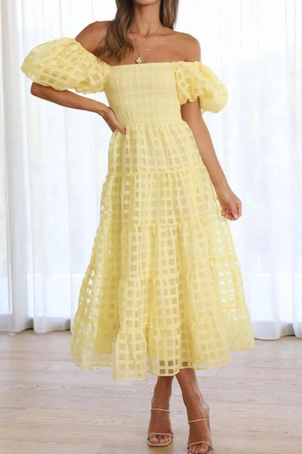 Off Shoulder Short Puff Sleeve Midi Dress