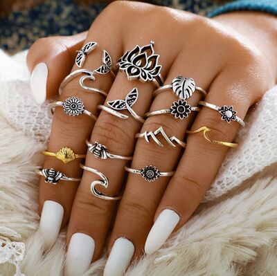 Trendy Alloy Multi Shapes 15-Piece Fashion Ring Set