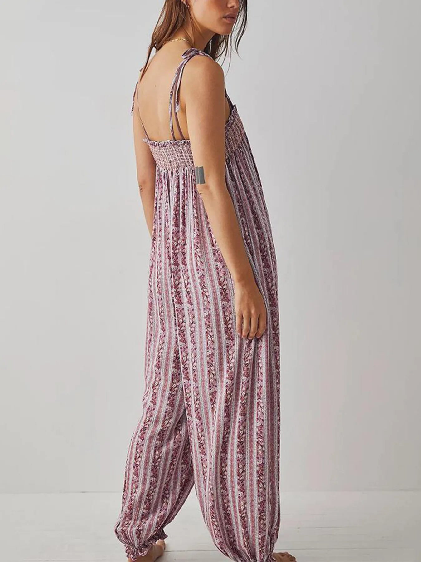 Smocked Tie Shoulder Jumpsuit