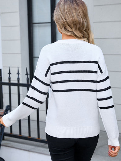 Cozy Angel Wings Striped Sweater with Elegant Round Neck