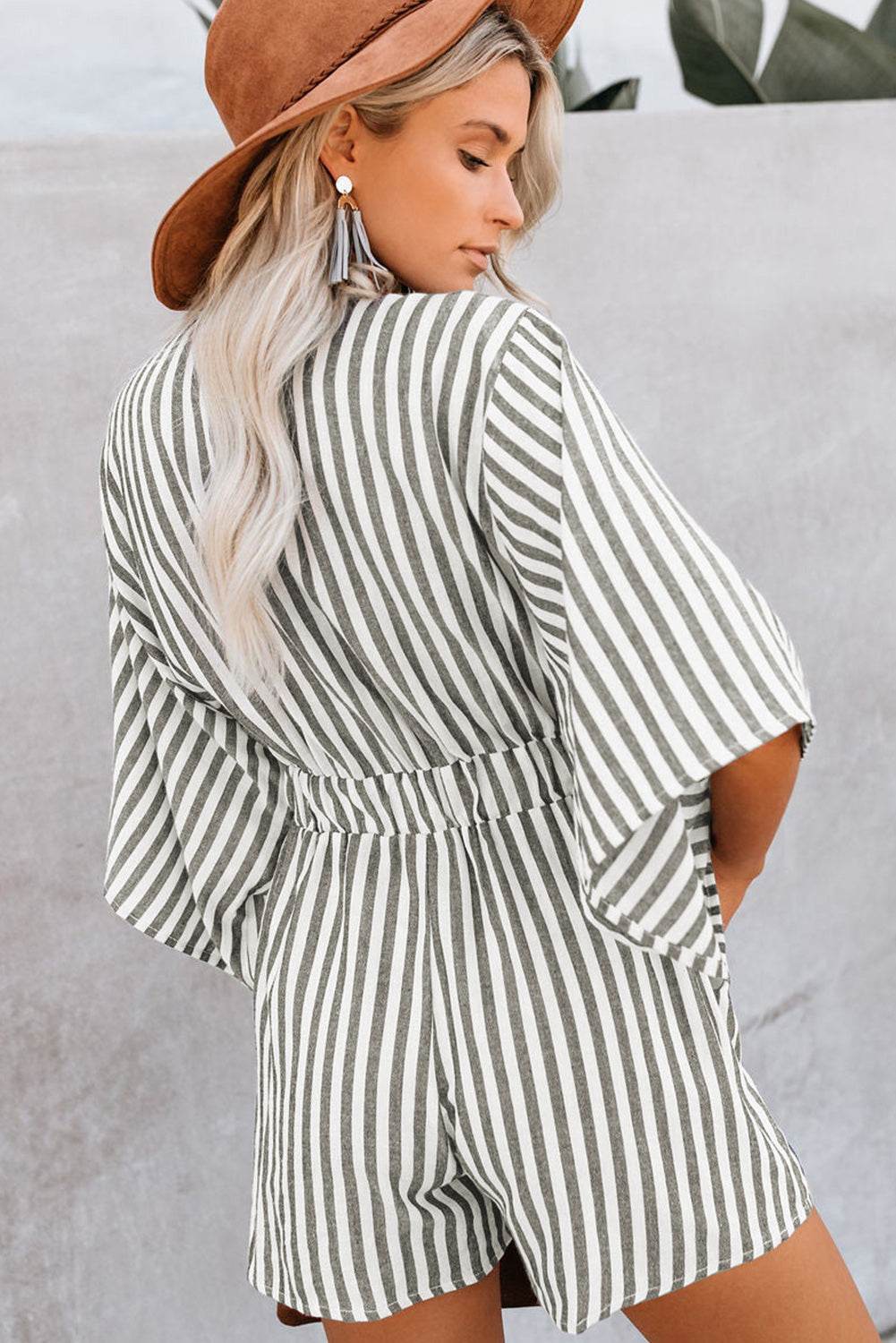 Chic Pink Striped Kimono Sleeve Romper with Bow Detail