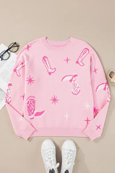 Chic Pink Boots Pattern Long Sleeve Top for Women