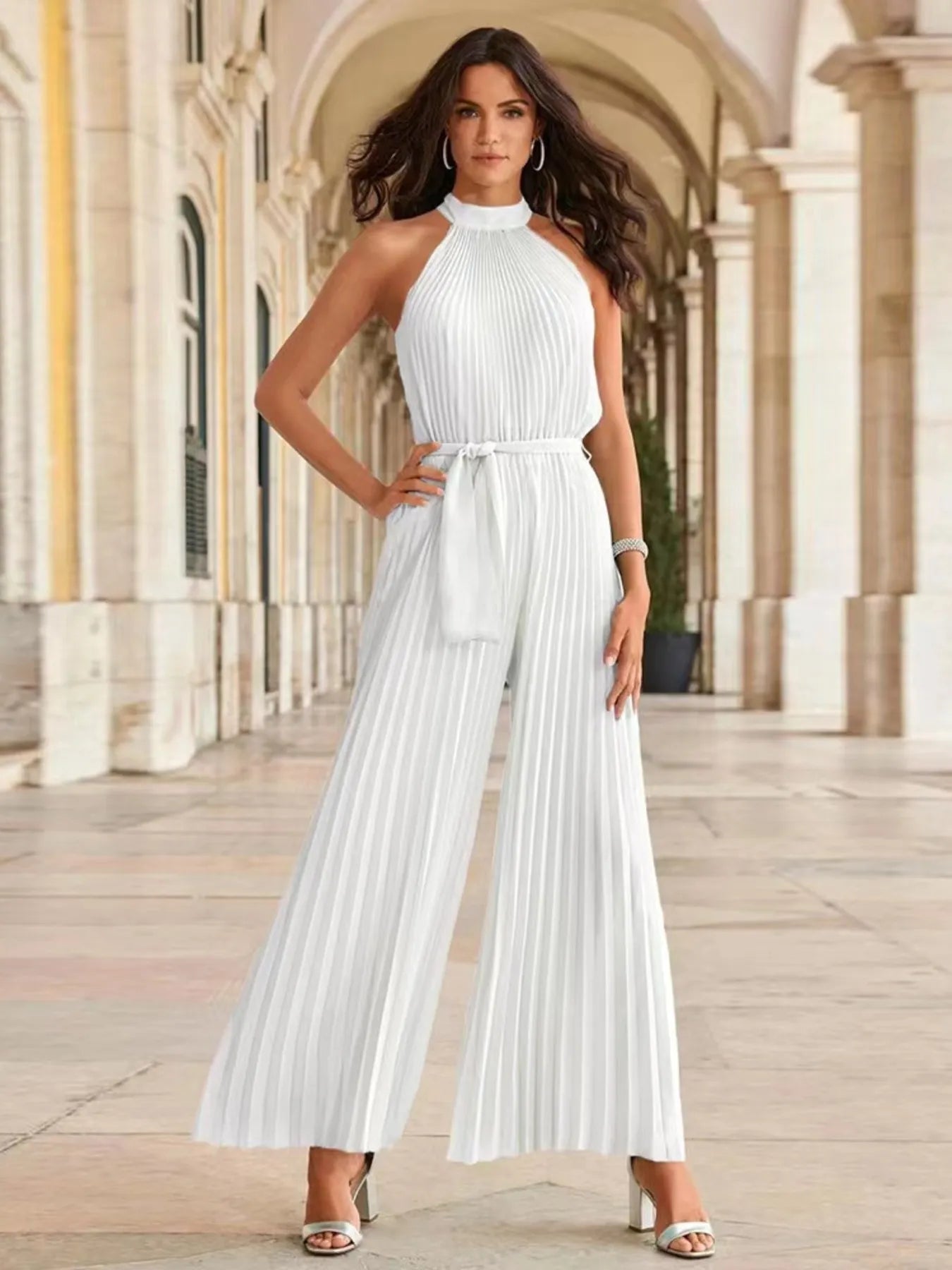 Pleated Sleeveless Wide Leg Jumpsuit