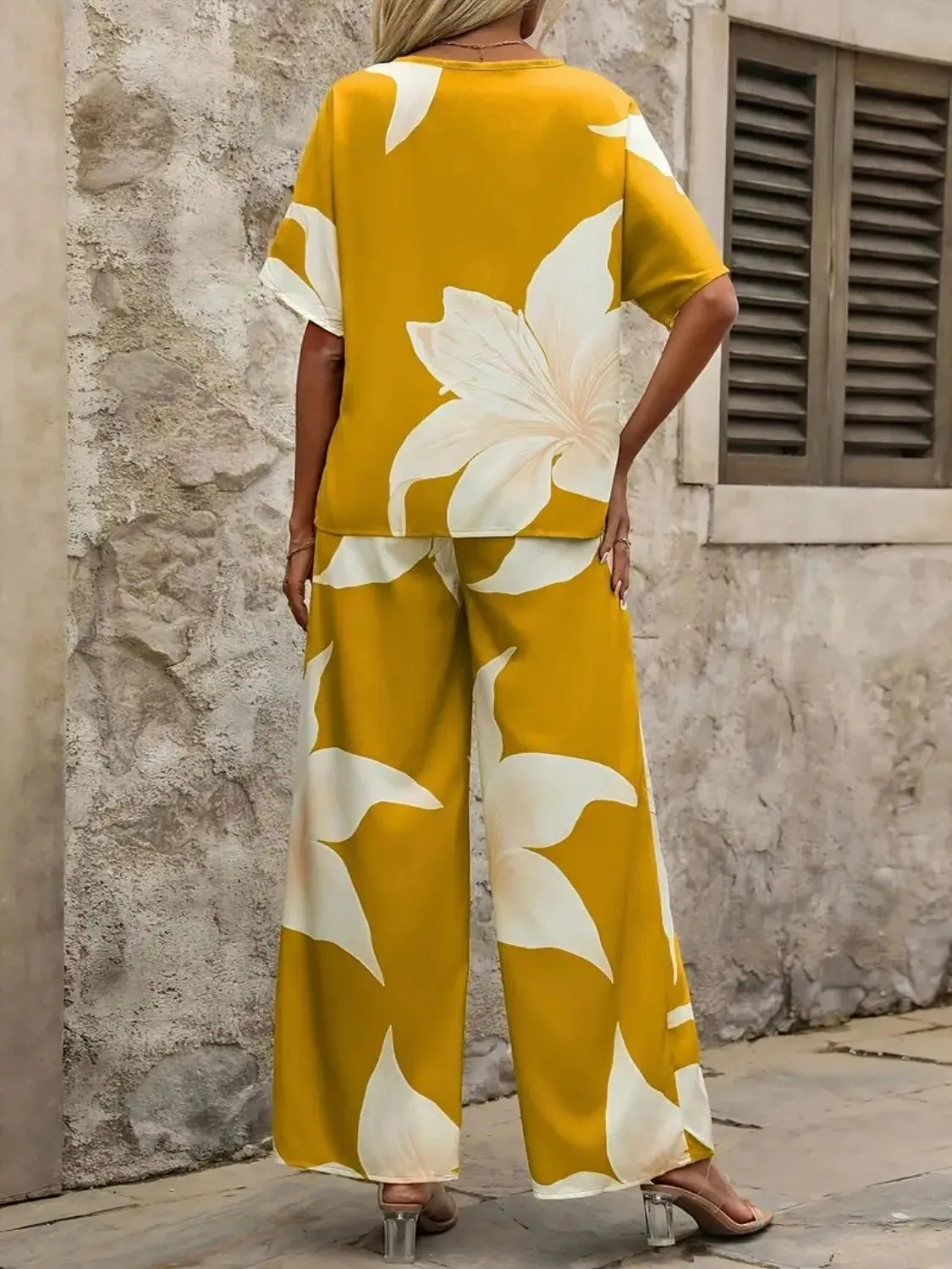 Printed V-Neck Top and Wide Leg Pants Set