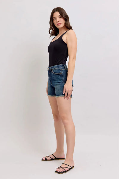 Judy Blue Tummy Control Fray Hem & Shield Back Pockets Denim Shorts
