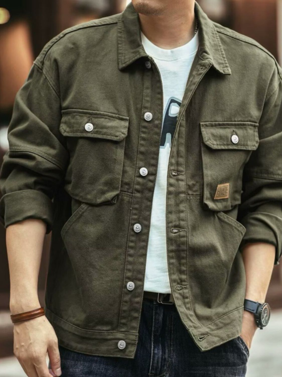 Men's Washed Collared Neck Cargo Jacket for Stylish Comfort