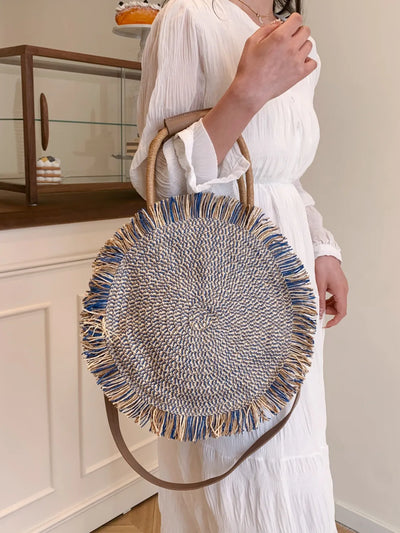 Round Woven Straw Tassel Handbag