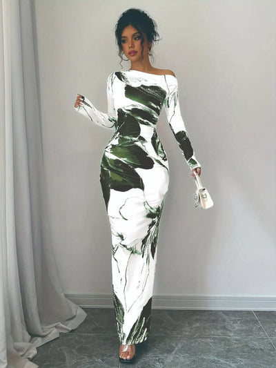 Floral One Shoulder Long Sleeve Maxi Dress
