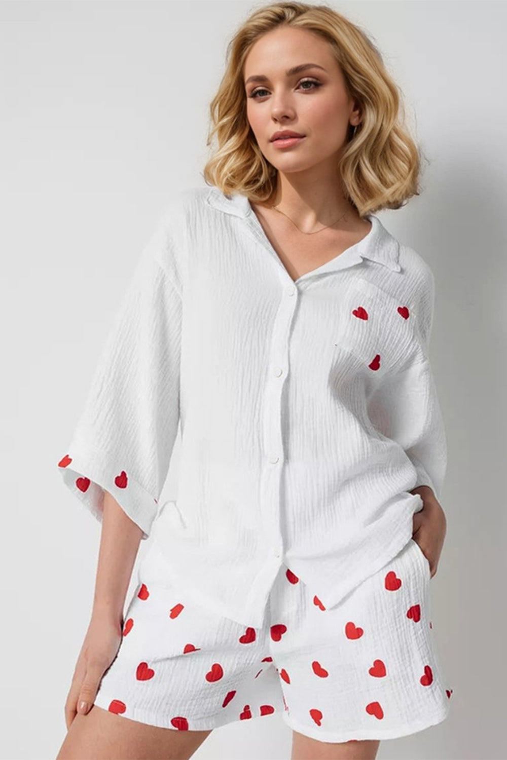 Heart Collared Button Down Top & Shorts Set - Chic & Comfy