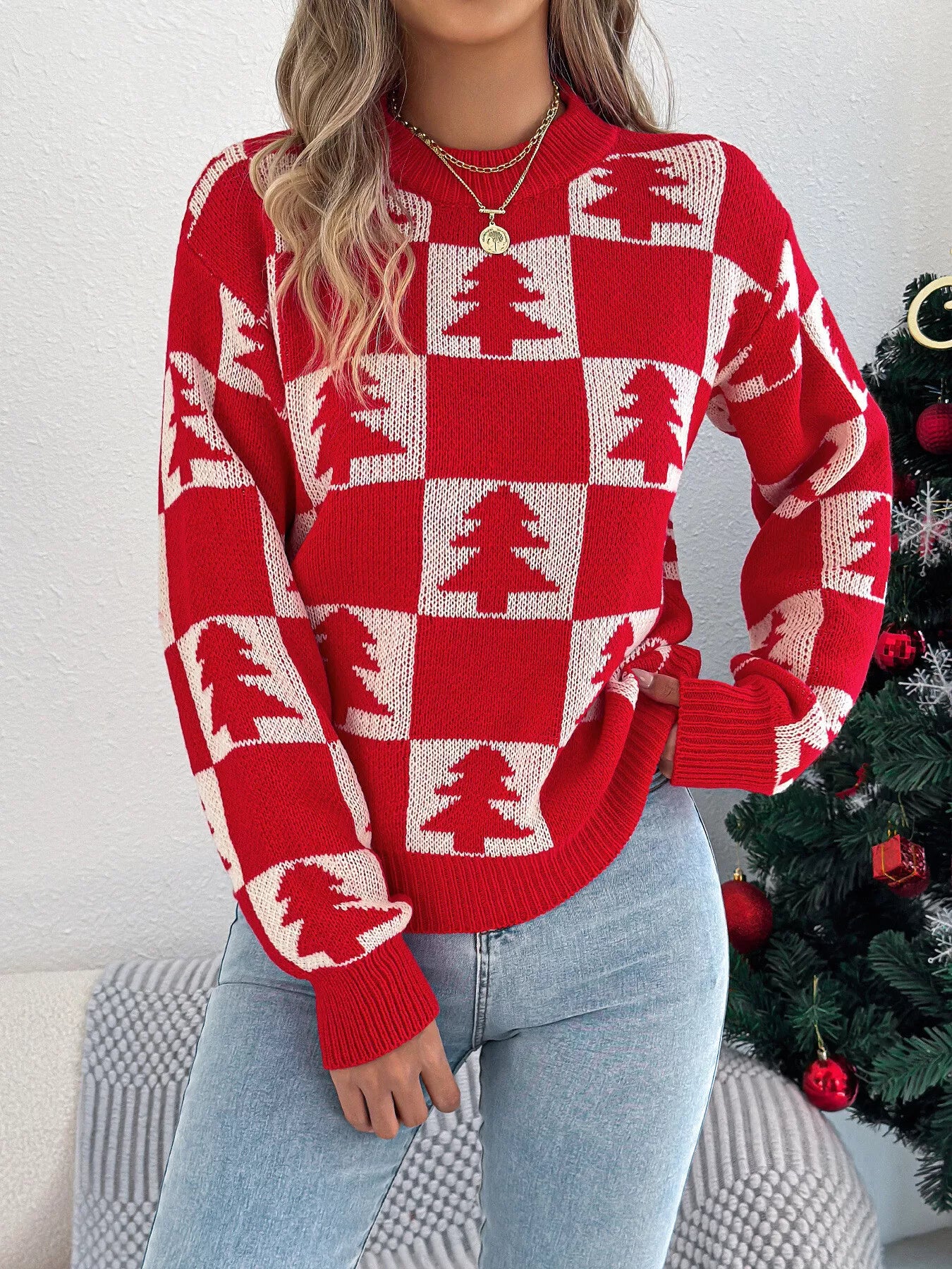 Christmas Tree Checkerboard Pattern Sweater