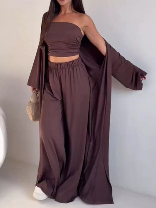 Chic Strapless Ruched Crop Top and Wide-Leg Pants with Cardigan 3-Piece Set