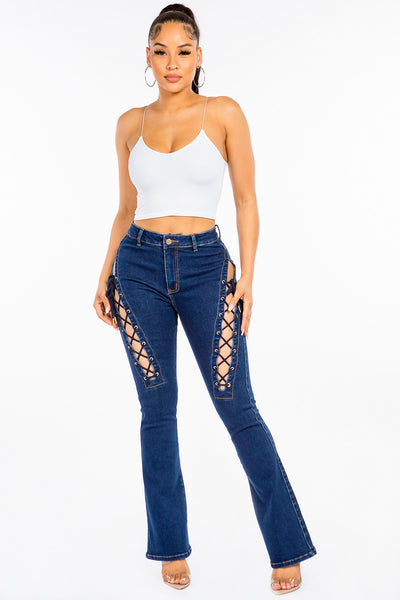 Women's High-Rise Lace-Up Denim Jeans with Flared Legs