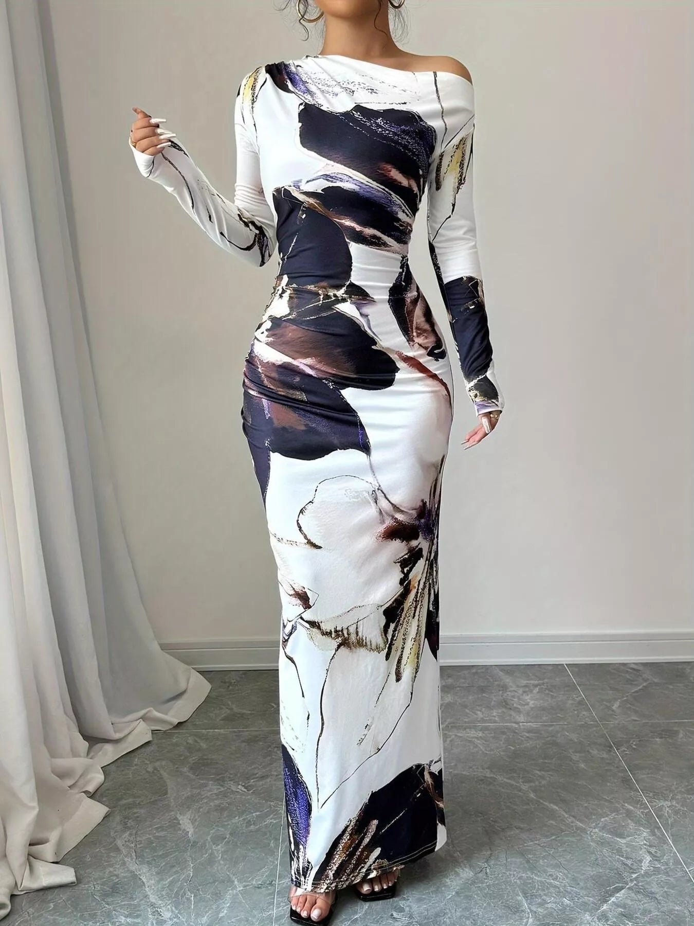 Floral One Shoulder Long Sleeve Maxi Dress