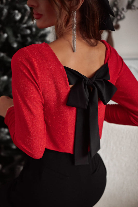 Elegant Bowknot V-Neck Blouse in Shimmering Red Fabric