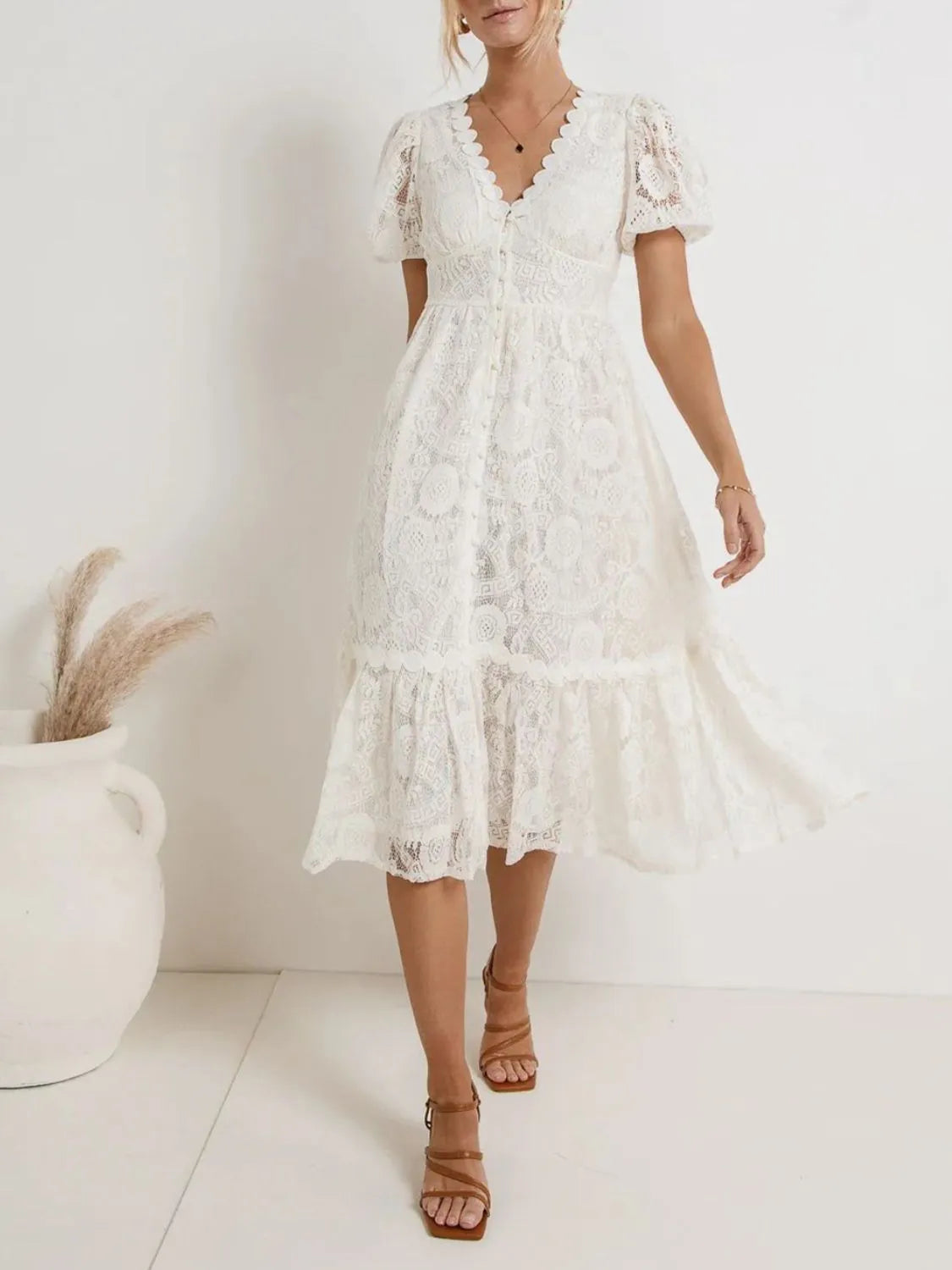 Lace V-Neck Short Sleeve Dress