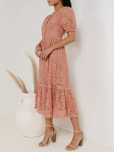 Lace V-Neck Short Sleeve Dress