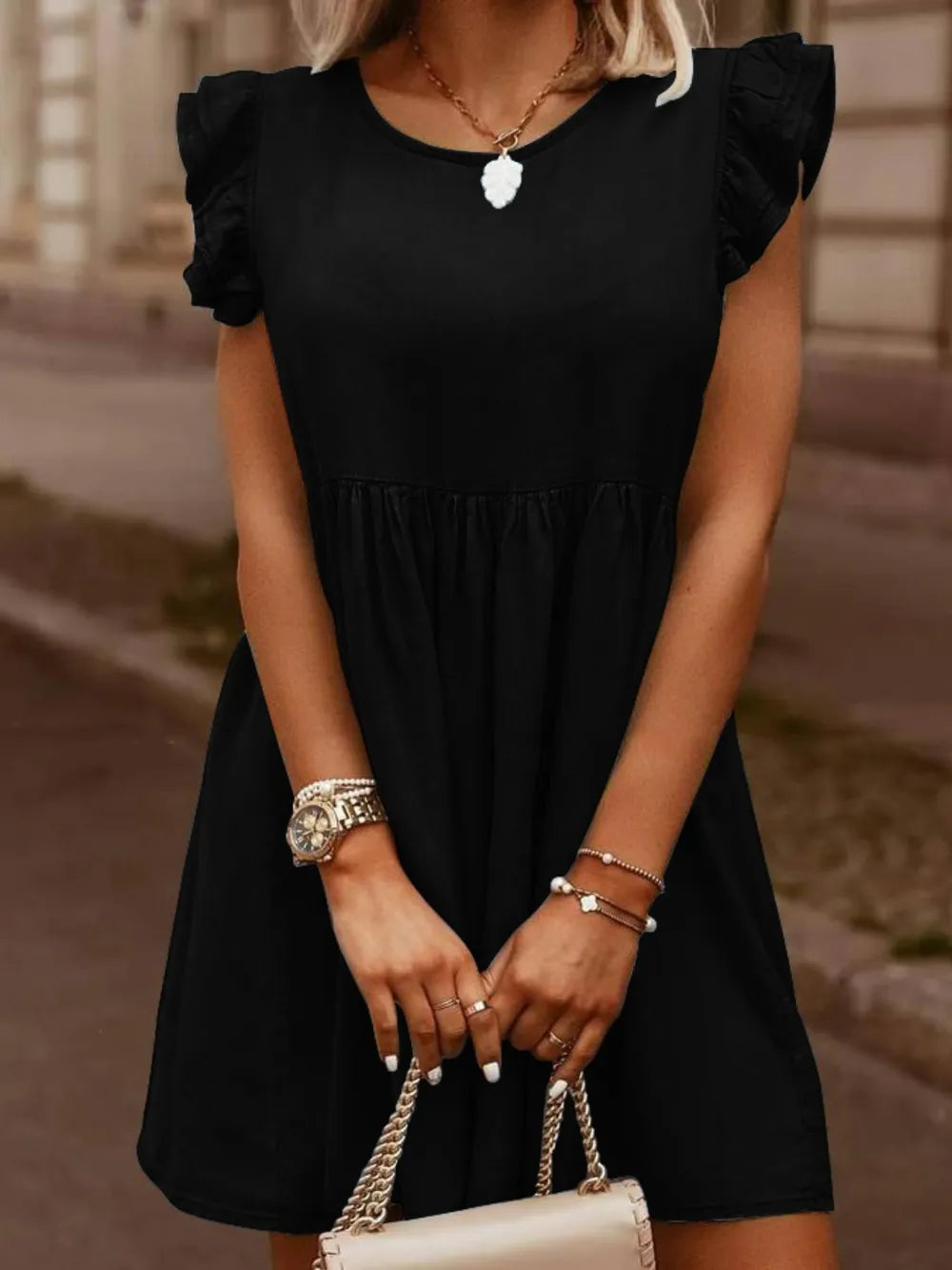 Ruffled Round Neck Cap Sleeve Denim Dress