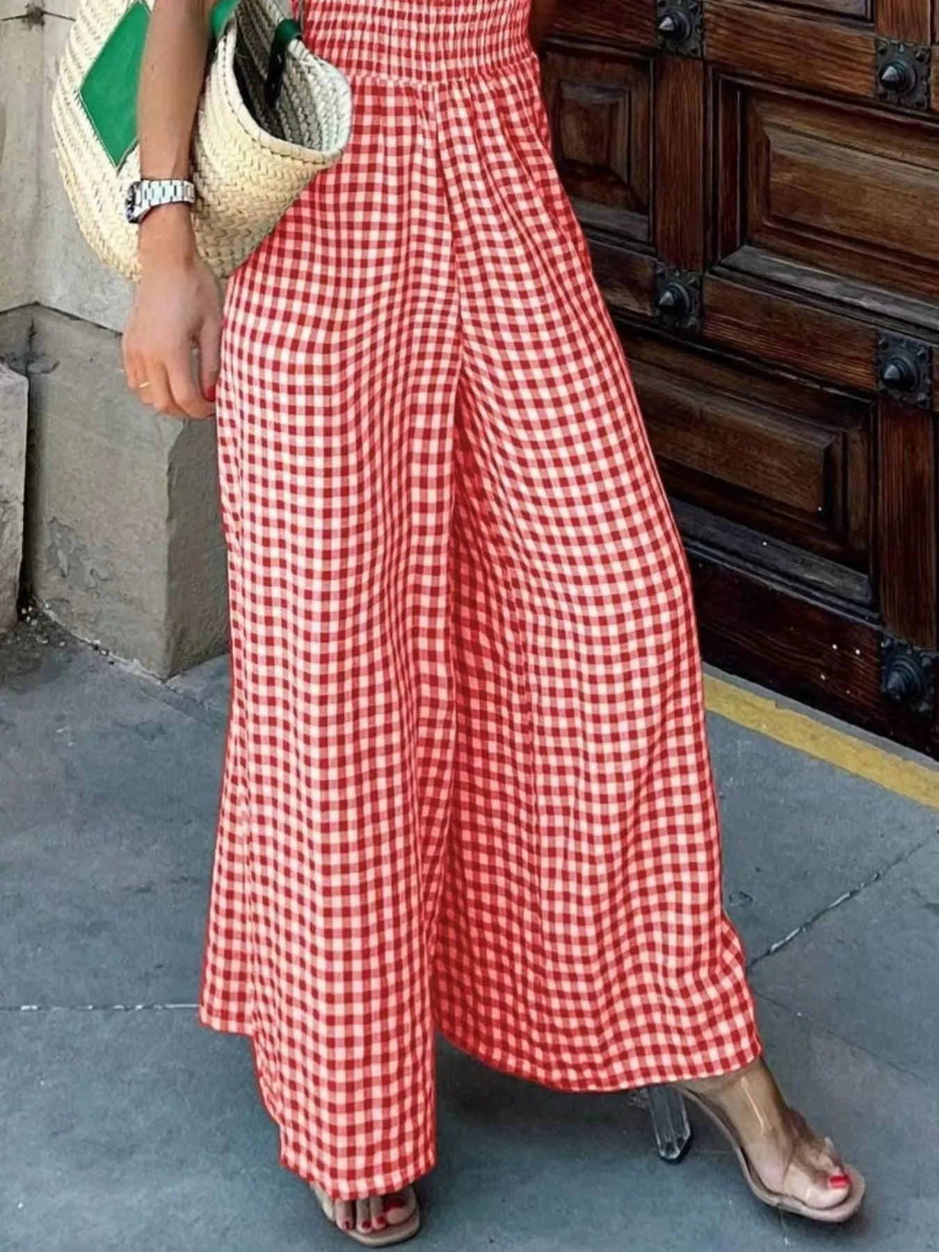 Gingham Smocked Wide-Leg Jumpsuit