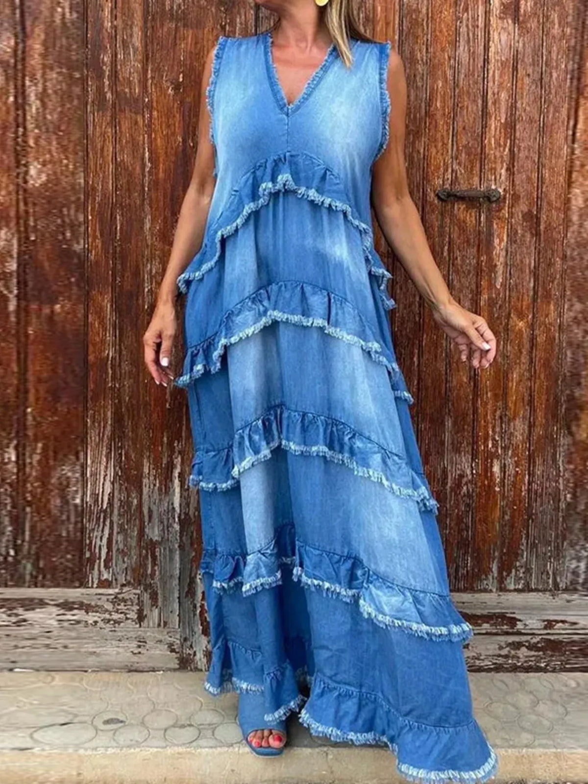 Raw Hem Layered Denim Maxi Dress