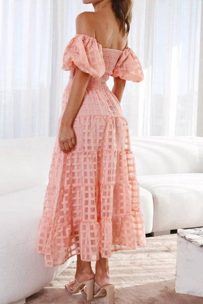 Off Shoulder Short Puff Sleeve Midi Dress