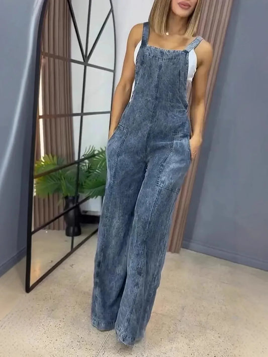 Wide Leg Washed Denim Overalls — Plus Size