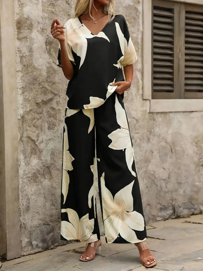 Printed V-Neck Top and Wide Leg Pants Set
