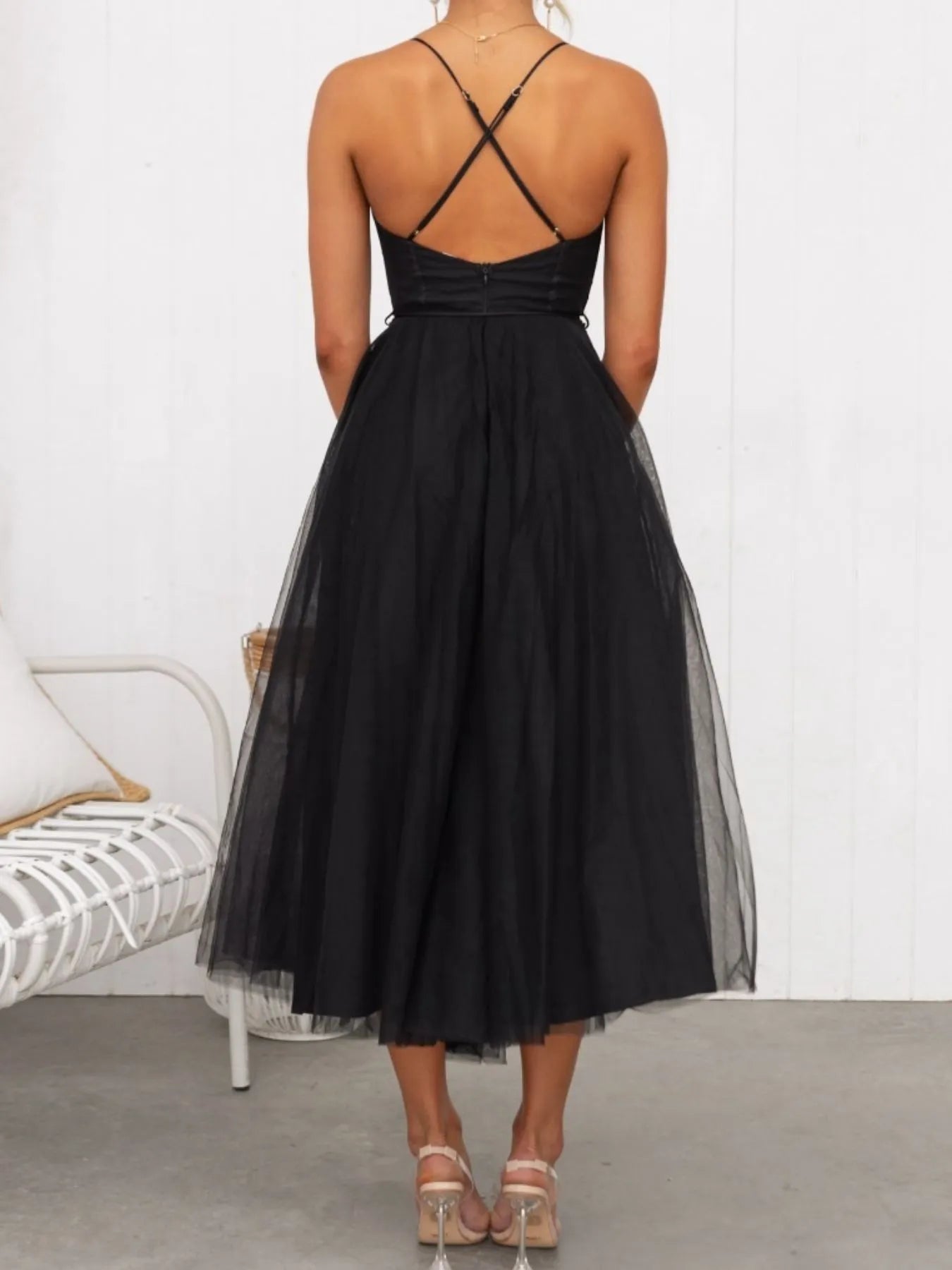 Sweetheart Neck Tulle Midi Dress