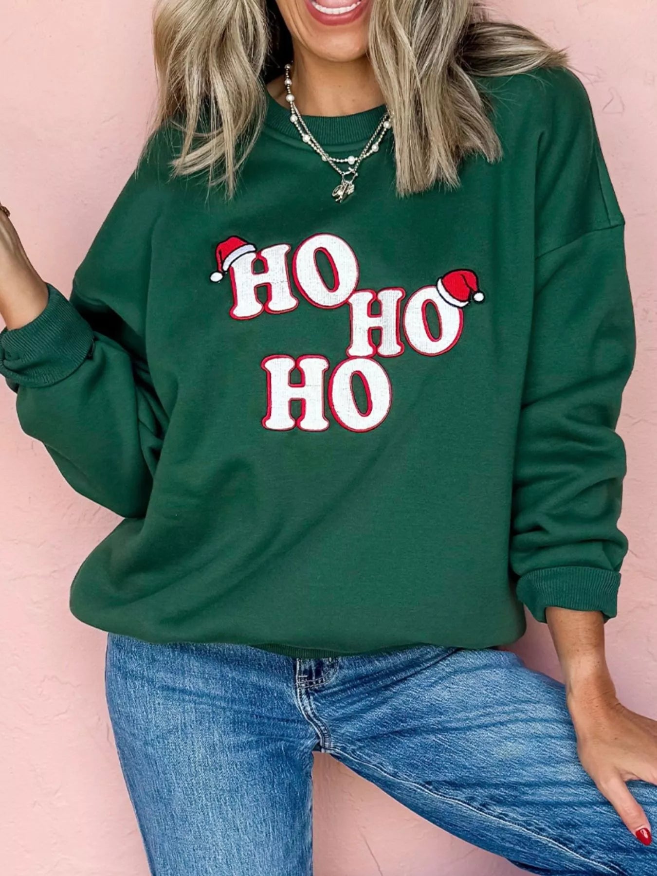 Embroidered Letter Christmas Round Neck Sweatshirt