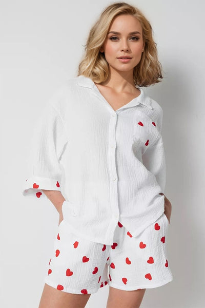 Heart Collared Button Down Top & Shorts Set - Chic & Comfy