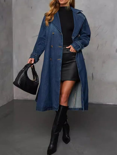 Fashionable Longline Denim Jacket with Button Closure
