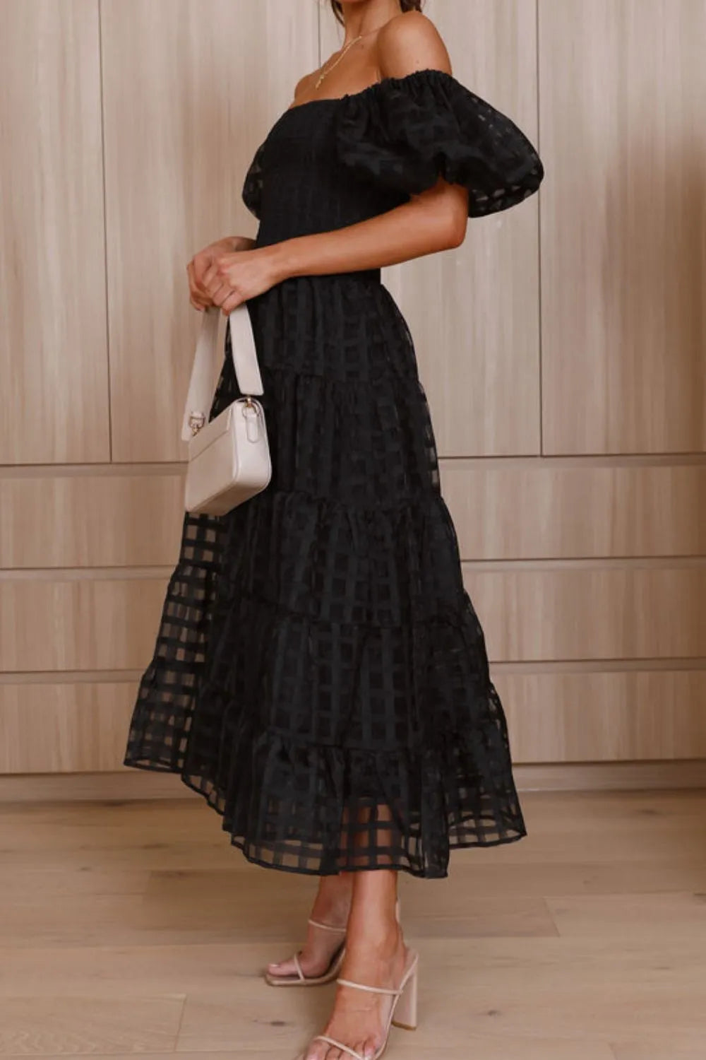 Off Shoulder Short Puff Sleeve Midi Dress
