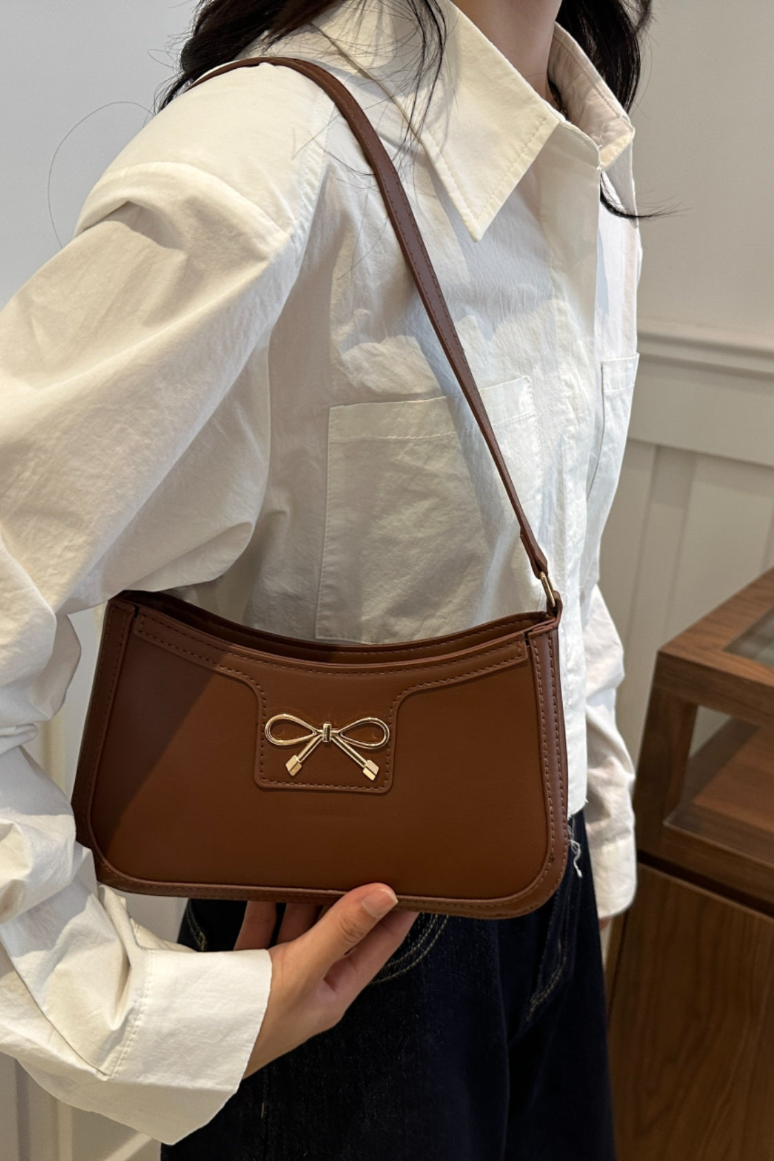 Trendy Bow Trim PU Leather Shoulder Bag in Rich Brown
