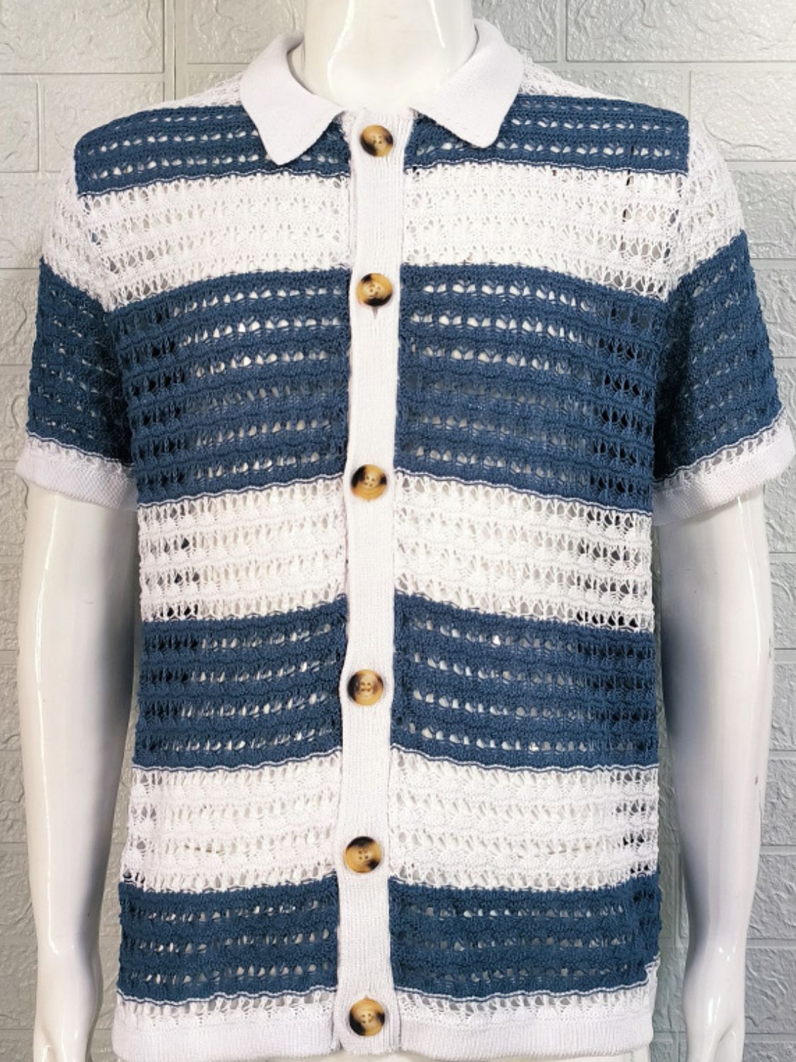 Men's Button Down Collared Neck Contrast Openwork Shirt Style