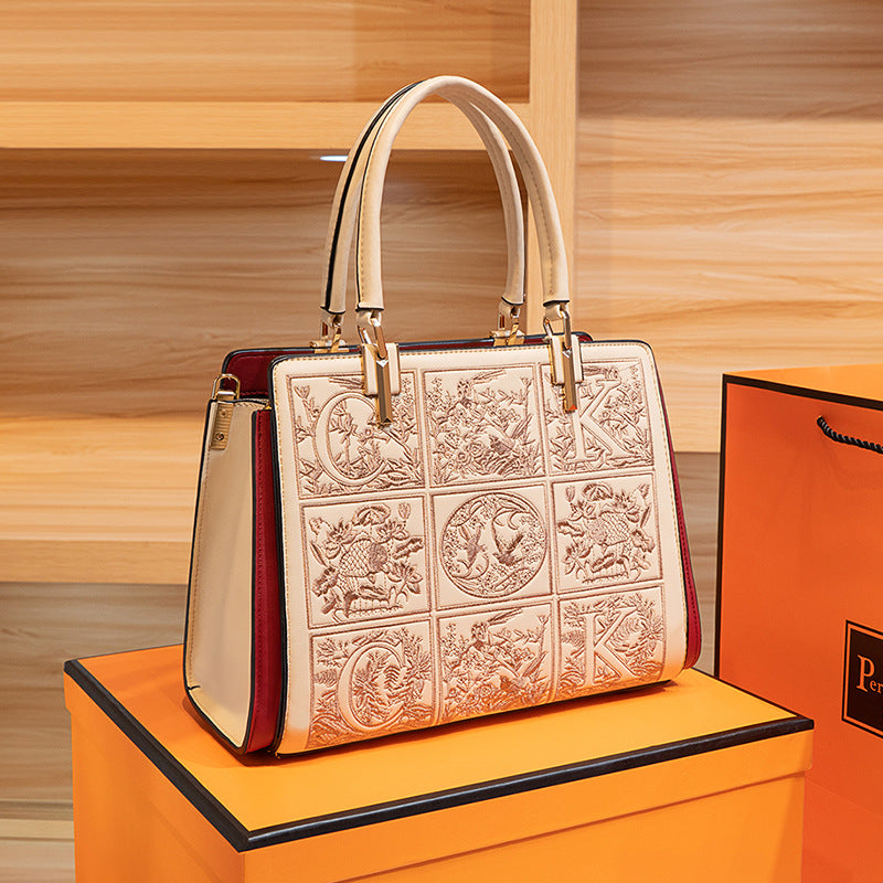 Embroidered Leather Top Handle Handbag