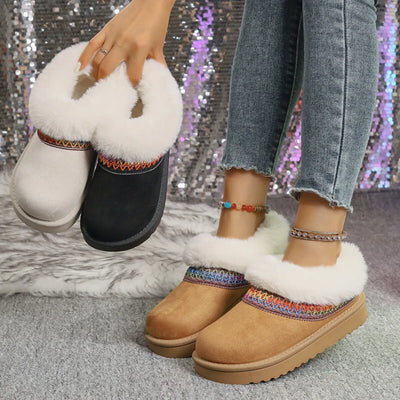 Fur-Lined Platform Boots with Decorative Woven Strap