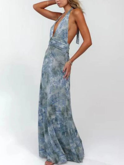 Floral Halter Neck Deep V Maxi Dress