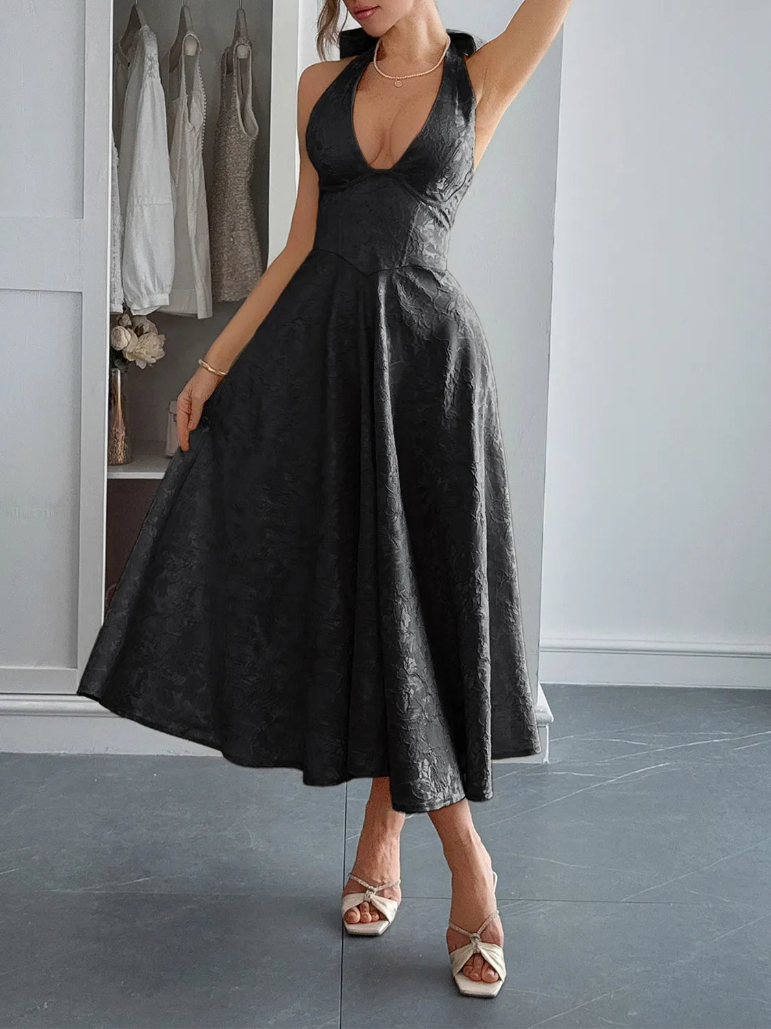 Halter Neck Midi Dress with Pockets