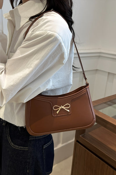 Trendy Bow Trim PU Leather Shoulder Bag in Rich Brown