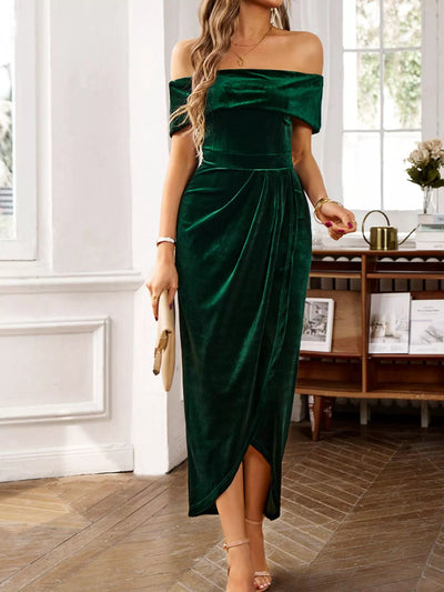 Velvet Off-Shoulder Ruched Midi Dress