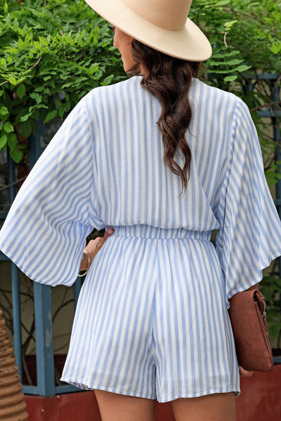 Chic Pink Striped Kimono Sleeve Romper with Bow Detail