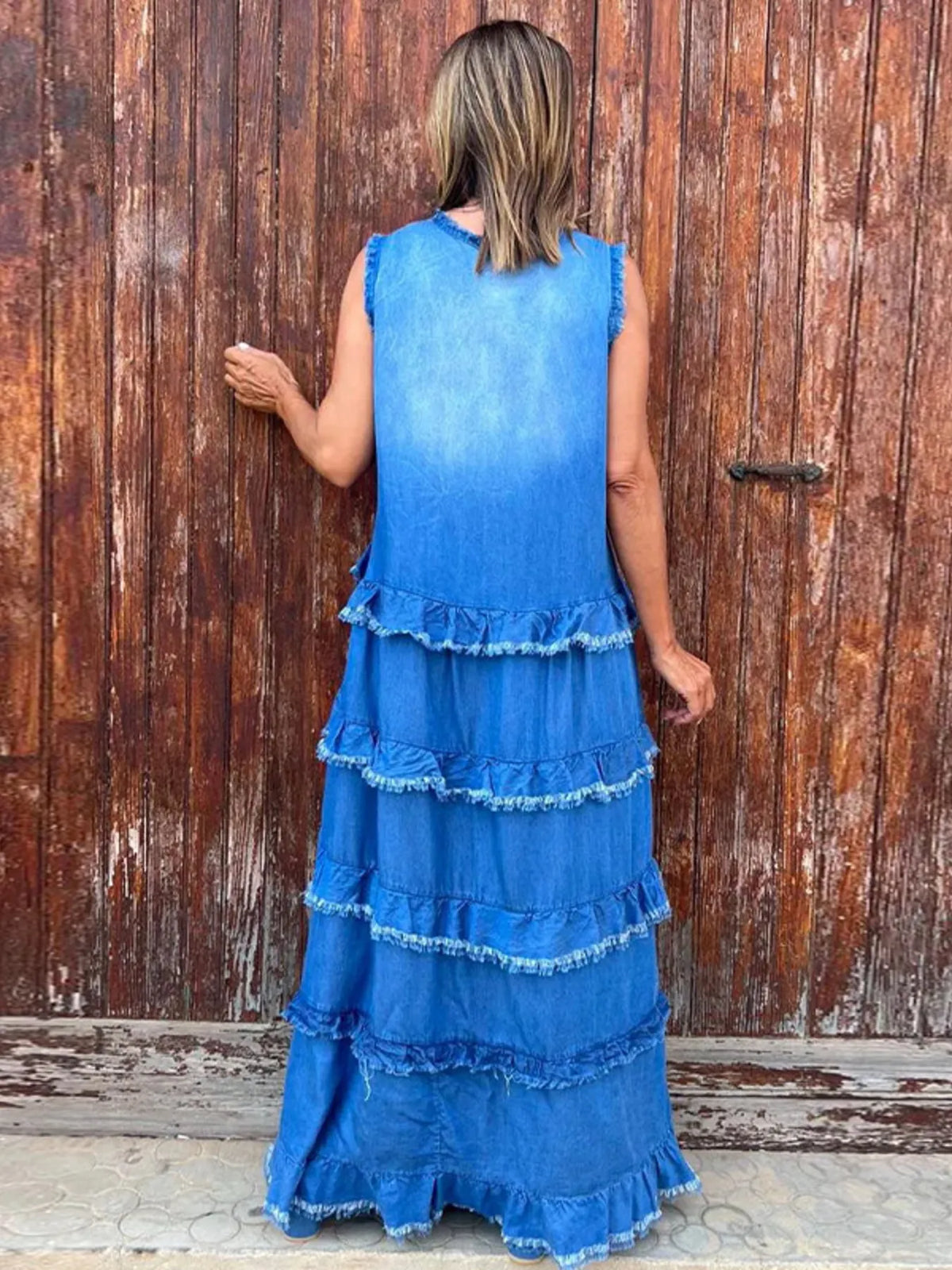 Raw Hem Layered Denim Maxi Dress