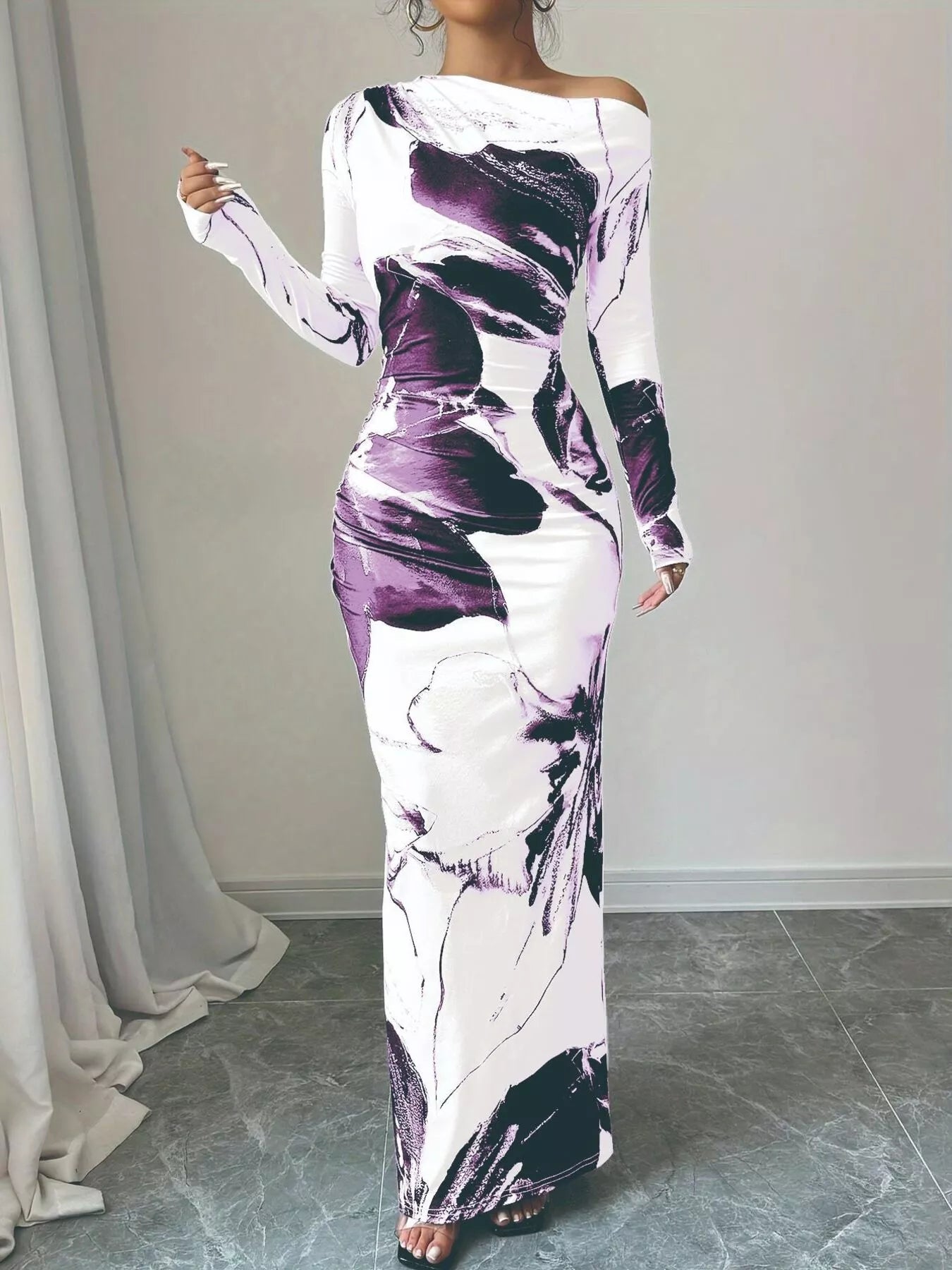 Floral One Shoulder Long Sleeve Maxi Dress