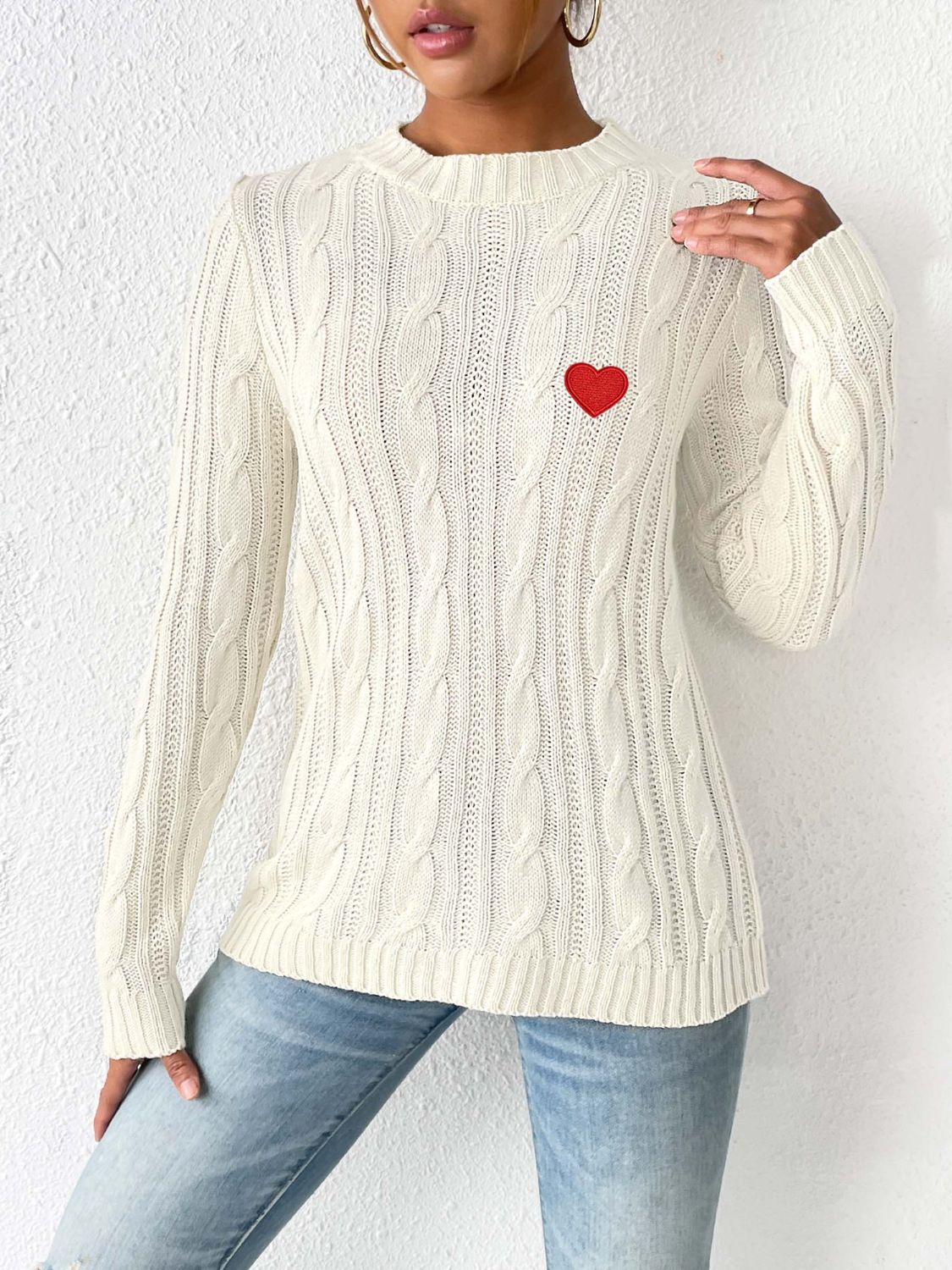 Cozy Cable-Knit Heart Sweater in Soft Pink with Long Sleeves