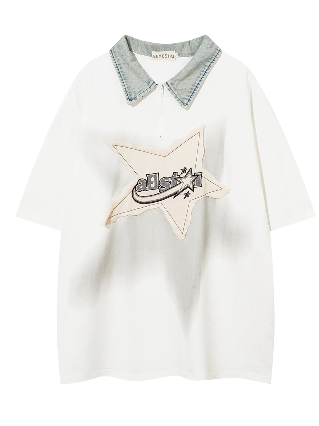 Men's Denim Collar Star Patch Short Sleeve Polo