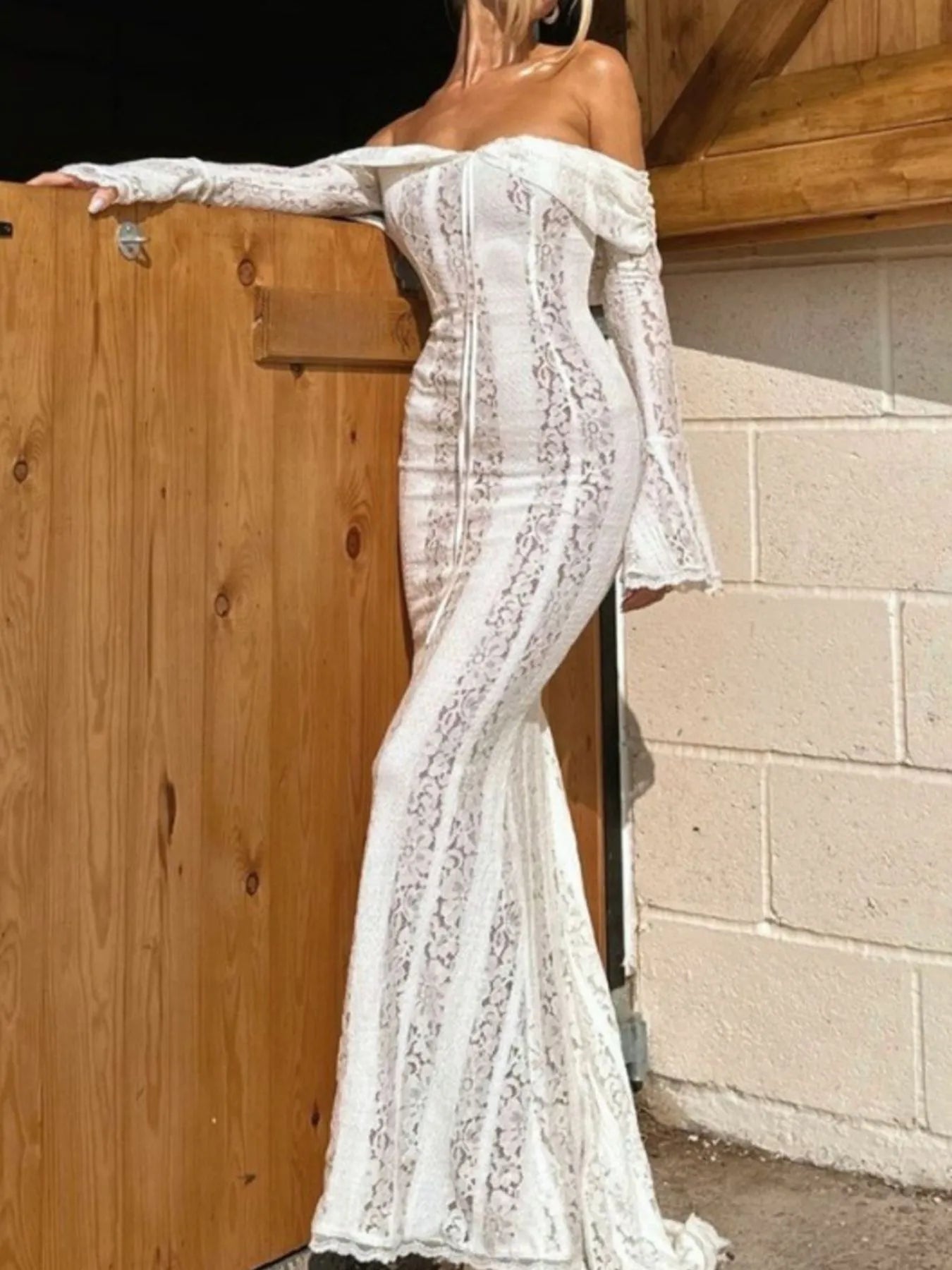 Lace Off-Shoulder Flounce Sleeve Maxi Dress