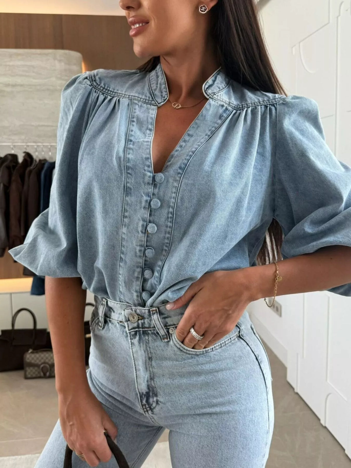 Button-Down Puff Sleeve Denim Top